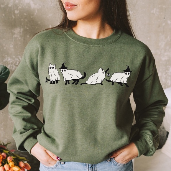 ✨HP✨ NEW NWOT Halloween Ghost Cat Hoodie Pullover Sweatshirt XL Green - Picture 3 of 9